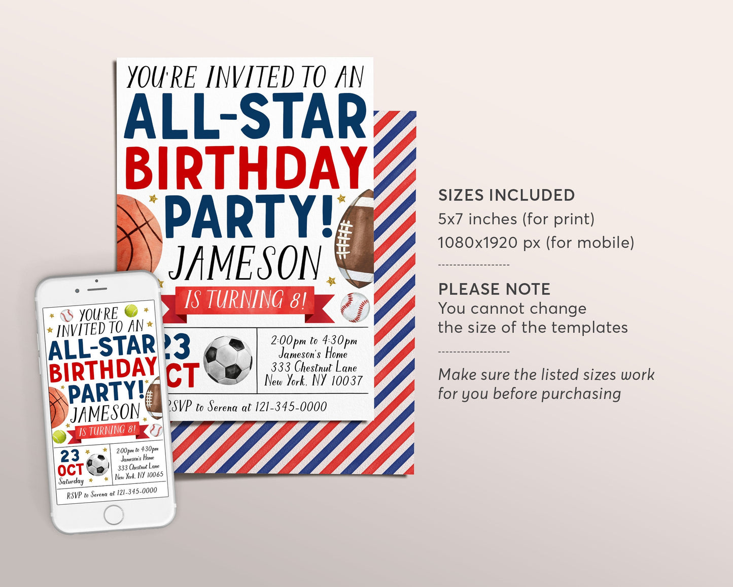 All Star Sports Birthday Invitation Editable Template, Boy It's Game Time Sports Theme Party Invite, Kids Baseball Football Basketball Evite