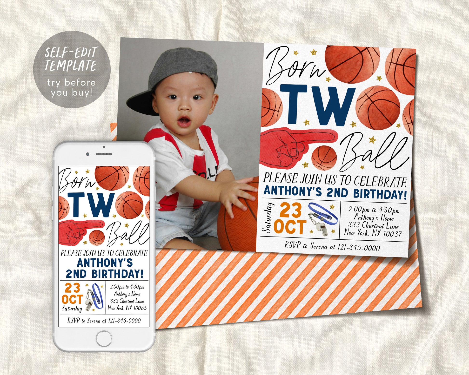 Born Two Ball Basketball Birthday Invitation With Photo Editable Template