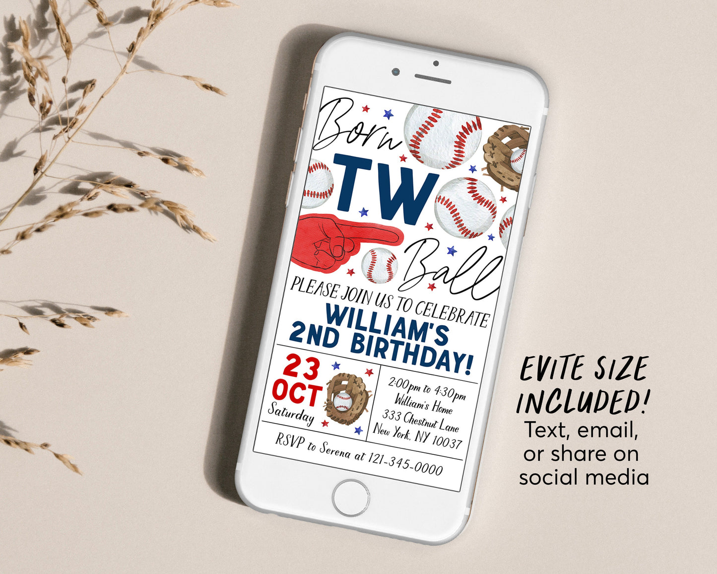 Baseball 2nd Birthday With Photo Invitation Editable Template, Boy Born Two Ball Second Birthday Invite, Kids Slugger Sports Theme Evite