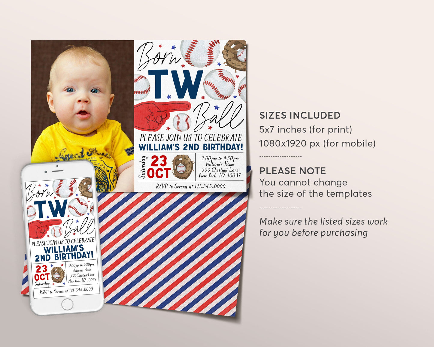 Baseball 2nd Birthday With Photo Invitation Editable Template, Boy Born Two Ball Second Birthday Invite, Kids Slugger Sports Theme Evite