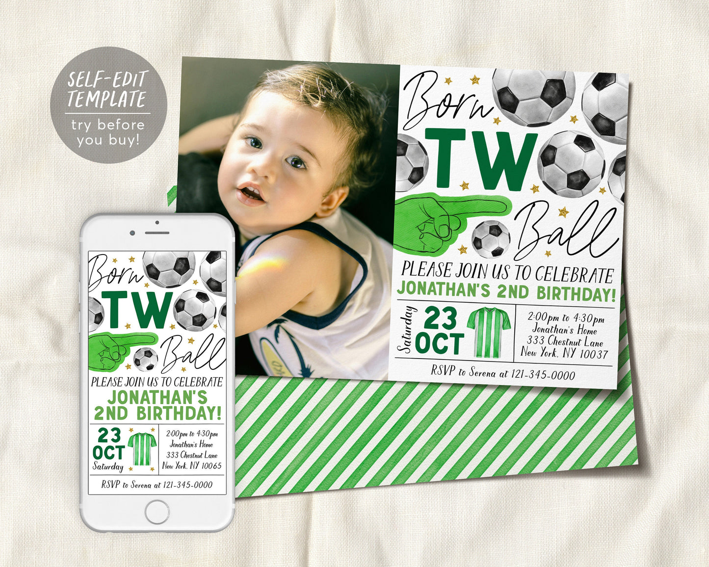 Soccer 2nd Birthday Invitation With Photo Editable Template