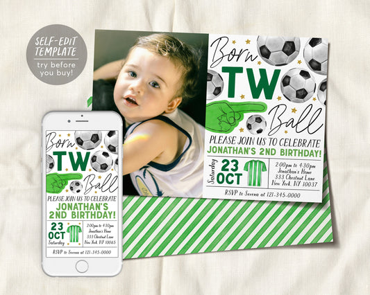 Soccer 2nd Birthday Invitation With Photo Editable Template