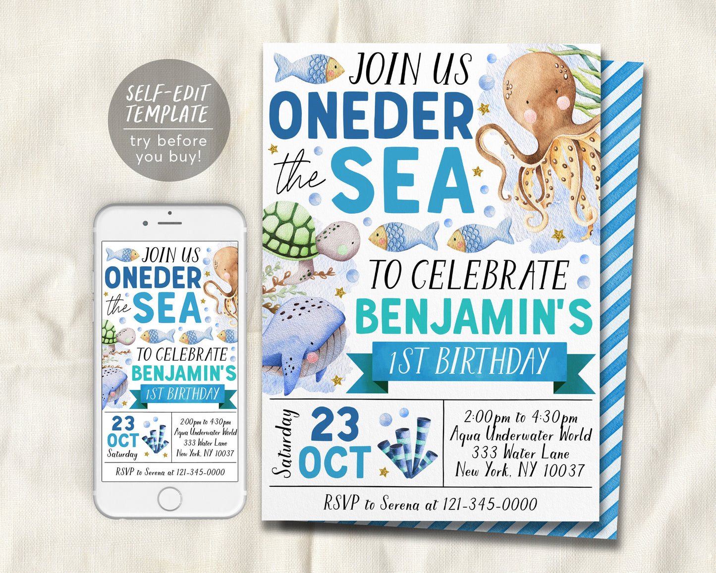 Oneder The Sea First Birthday Invitation Editable Template