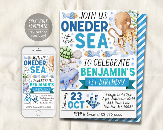 Oneder The Sea First Birthday Invitation Editable Template