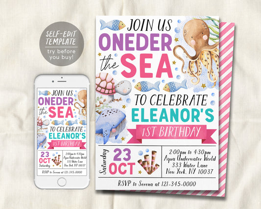 Oneder The Sea First Birthday Invitation Editable Template