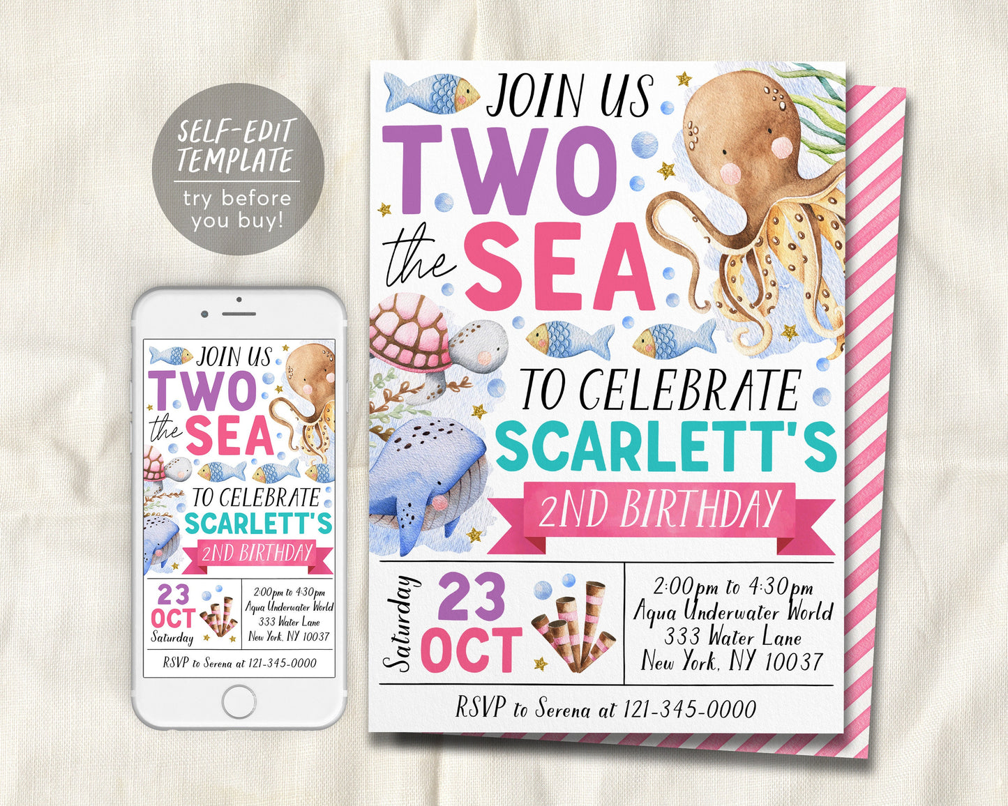 Two The Sea Second Birthday Invitation Editable Template