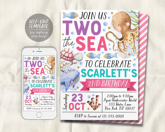 Two The Sea Second Birthday Invitation Editable Template