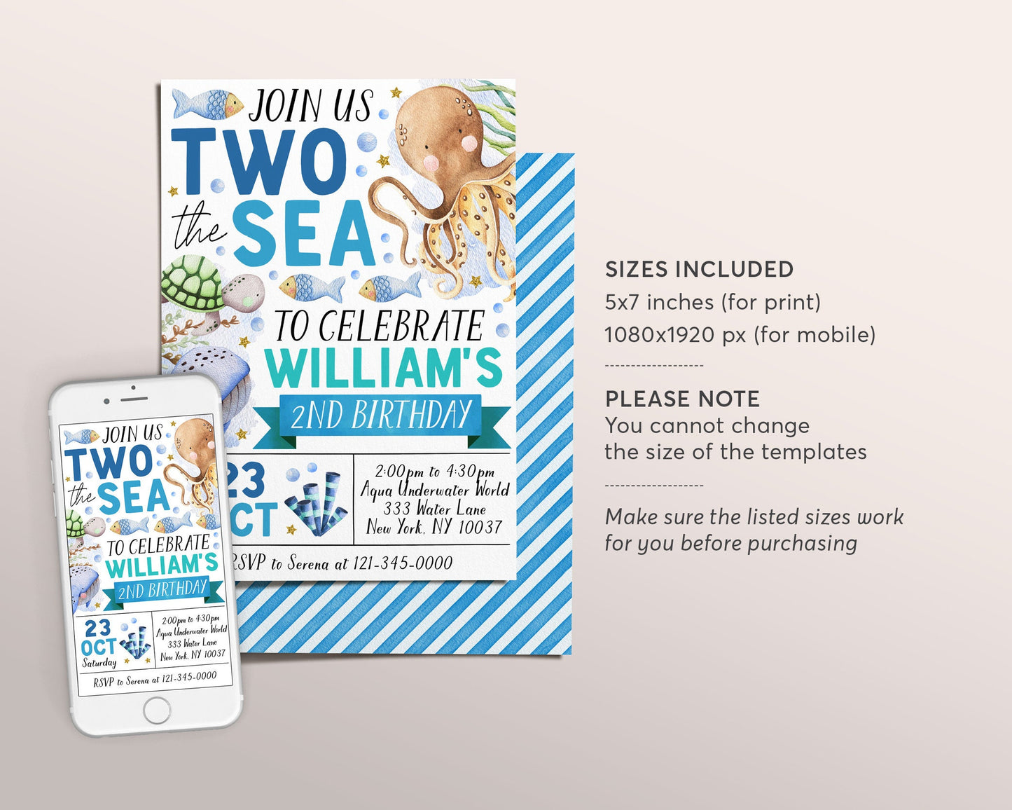 Two The Sea Second Birthday Invitation Editable Template, Boy Unisex Under The Sea 2nd Birthday Party Invite, Aquarium Trip Ocean Evite