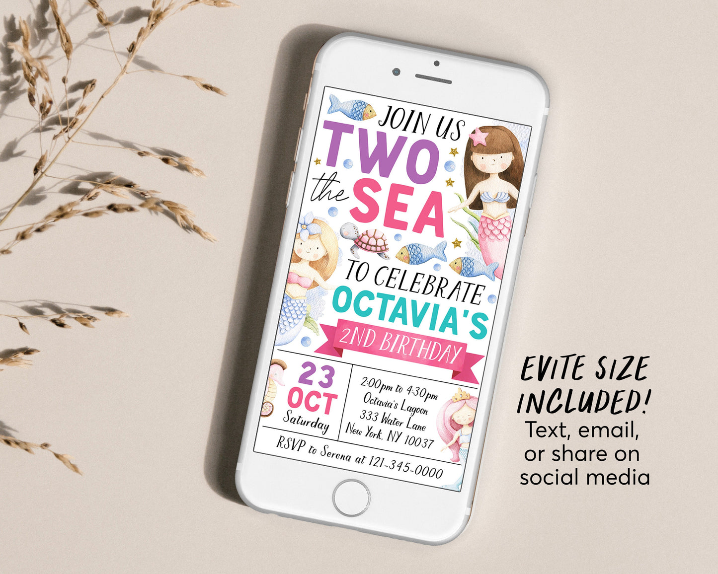 Two The Sea Mermaid Second Birthday Invitation Editable Template, Under The Sea Little Mermaid 2nd Birthday Party Invite, Magical Sea Evite