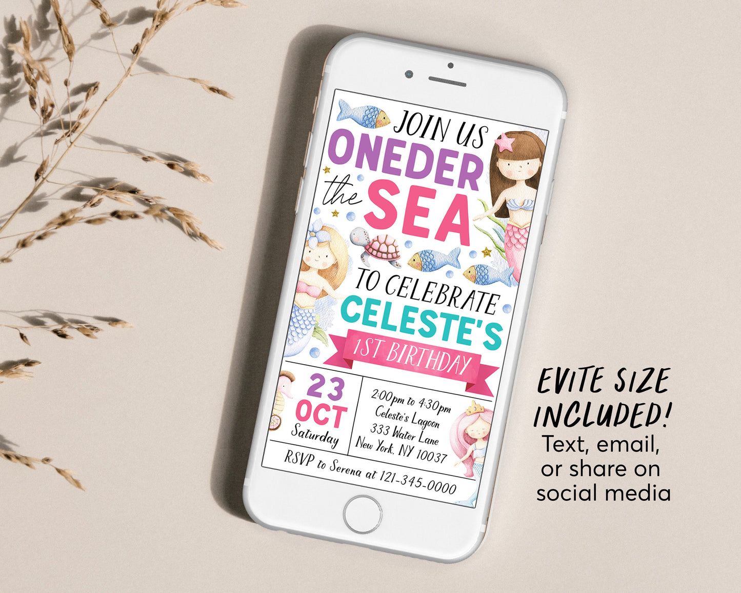 Oneder The Sea Mermaid First Birthday Invitation Editable Template, Under The Sea Little Mermaid 1st Birthday Party Invite, Ocean Sea Evite