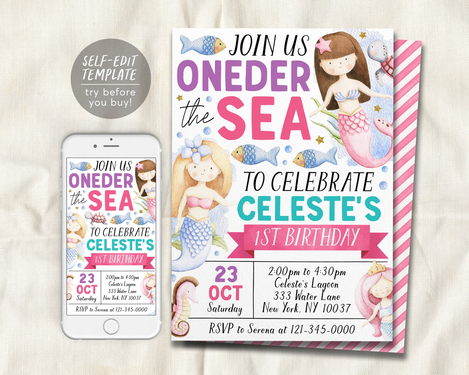 Oneder The Sea Mermaid First Birthday Invitation Editable Template