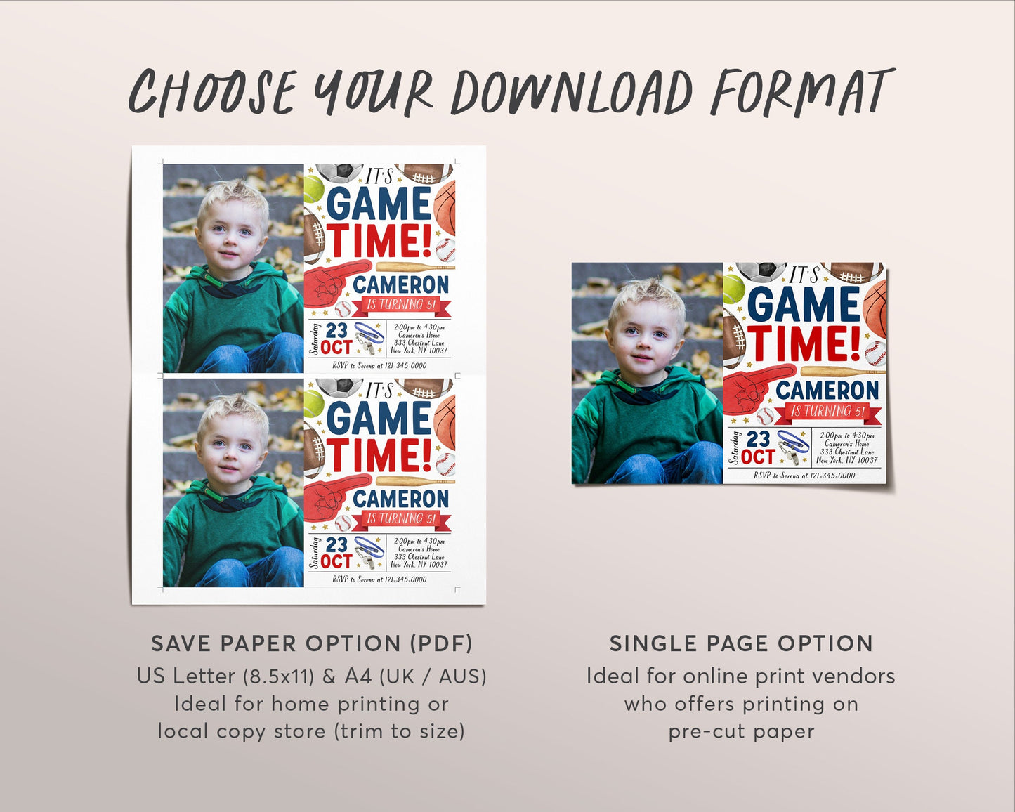 All Star Sports Birthday Invitation With Photo Editable Template, Boy It's Game Time Sports Theme Party Invite, Kids Baseball Football Evite