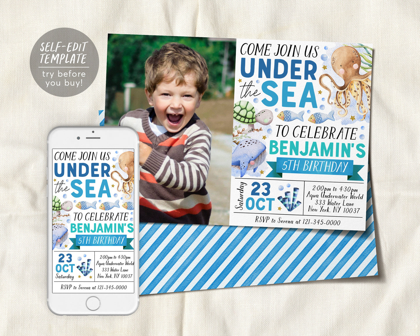 Under The Sea Birthday Invitation With Photo Editable Template