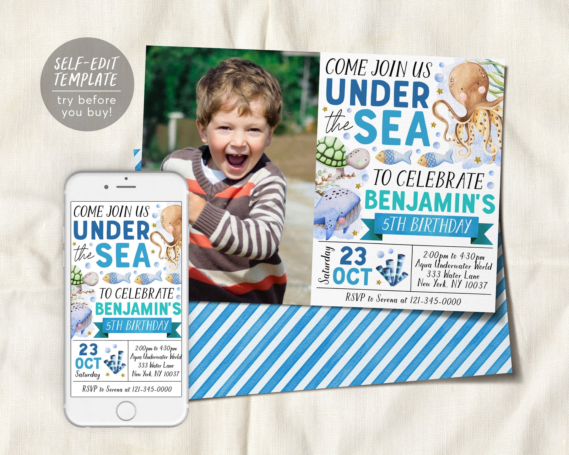 Under The Sea Birthday Invitation With Photo Editable Template