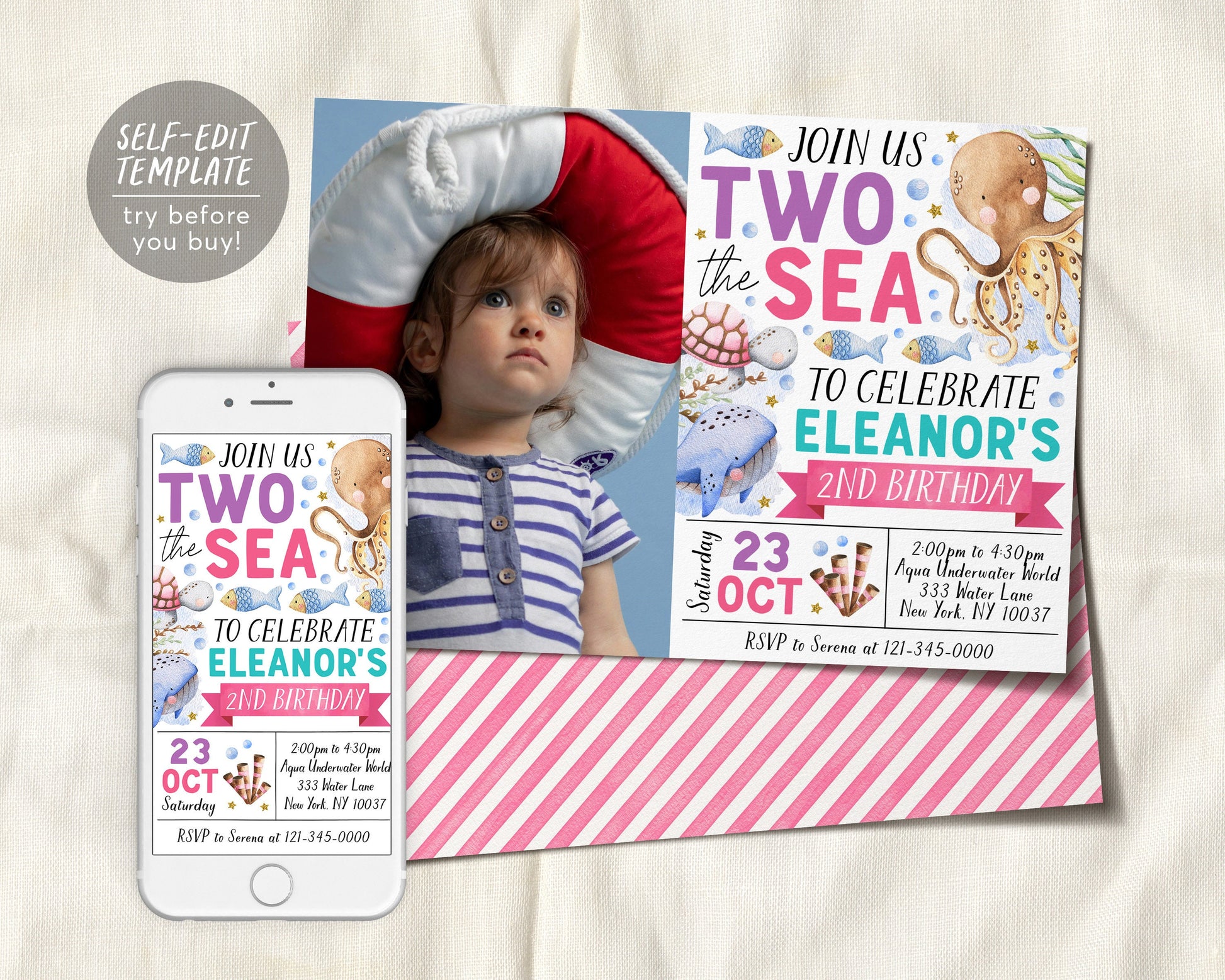 Two The Sea Second Birthday Invitation With Photo Editable Template