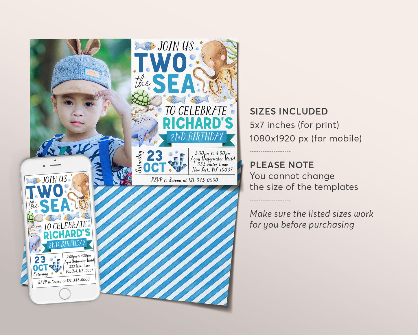 Two The Sea Second Birthday Invitation With Photo Editable Template, Boy Unisex Under The Sea 2nd Birthday Party Invite, Aquarium Trip Evite