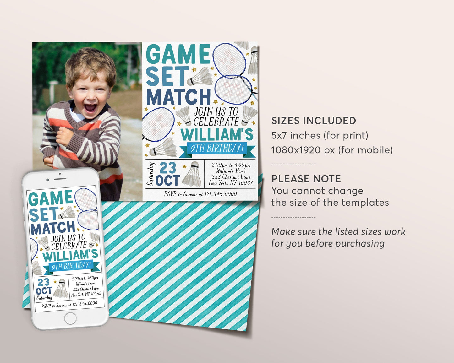 Badminton Birthday Invitation With Photo Editable Template, Boy Badminton Party Invite, Kids Sports Theme Evite, Game Match Tournament