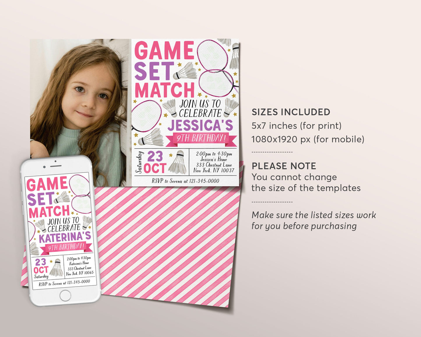 Badminton Birthday Invitation With Photo Editable Template, Girl Badminton Party Invite, Kids Sports Theme Evite, Game Match Tournament