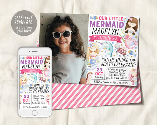 Little Mermaid Party Birthday Invitation With Photo Editable Template