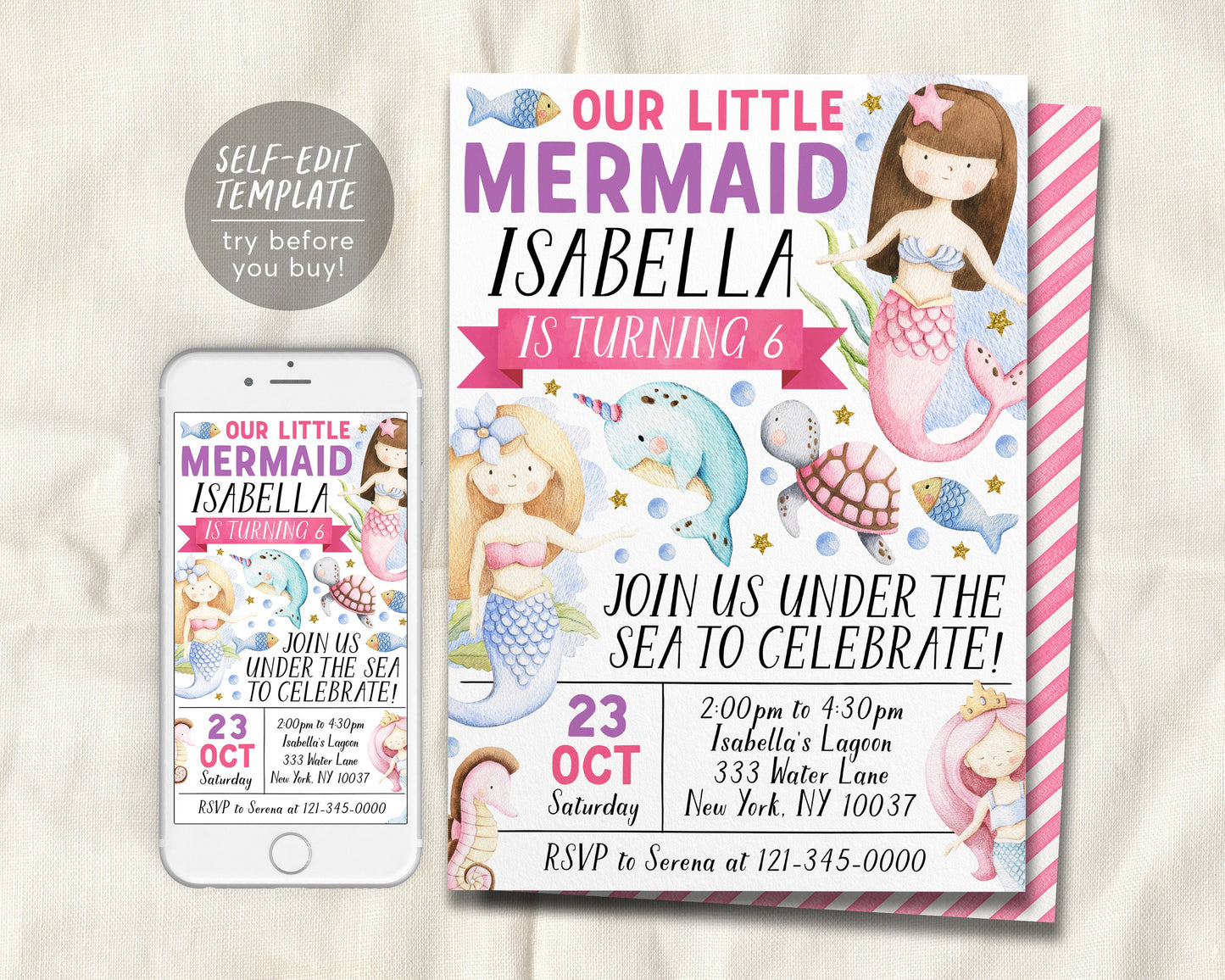 Little Mermaid Party Birthday Invitation Editable Template