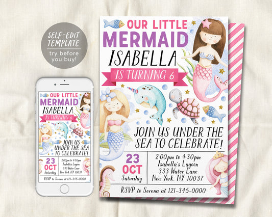 Little Mermaid Party Birthday Invitation Editable Template