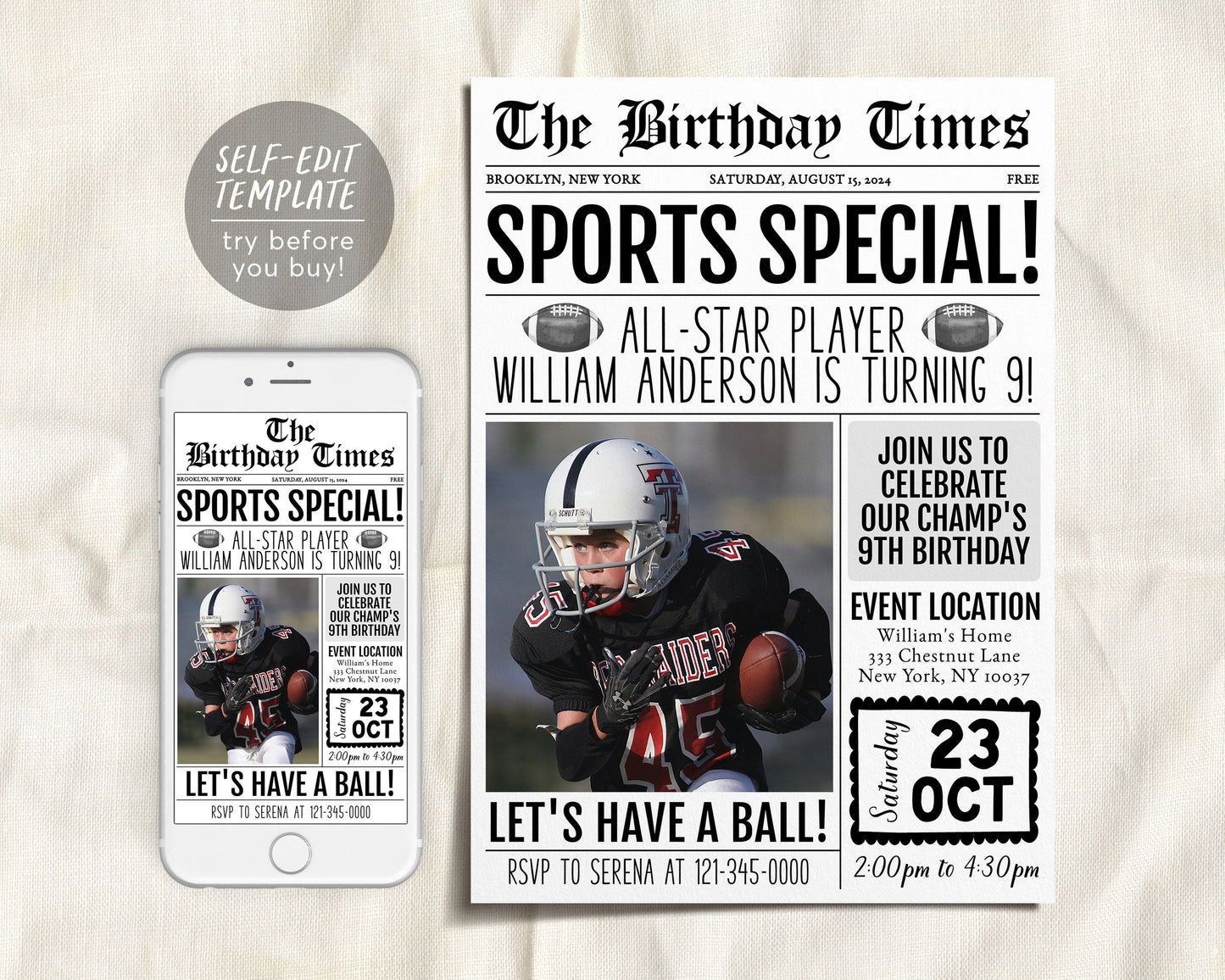 Football Birthday Invitation With Photo Editable Template