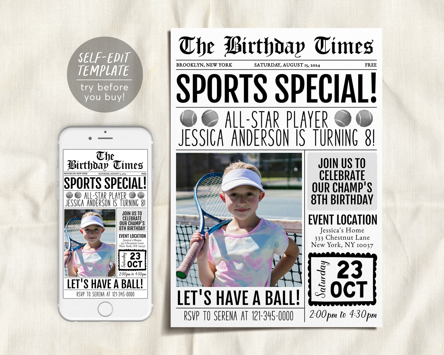 Tennis Birthday Invitation With Photo Editable Template