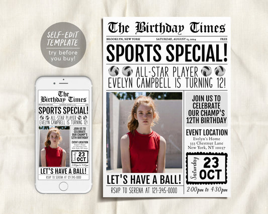 Volleyball Birthday Invitation With Photo Editable Template