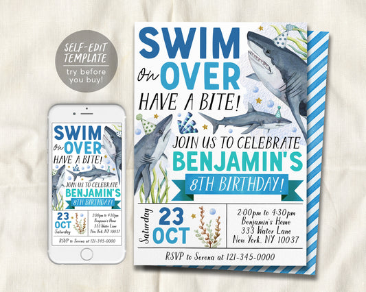 Shark Birthday Invitation Editable Template