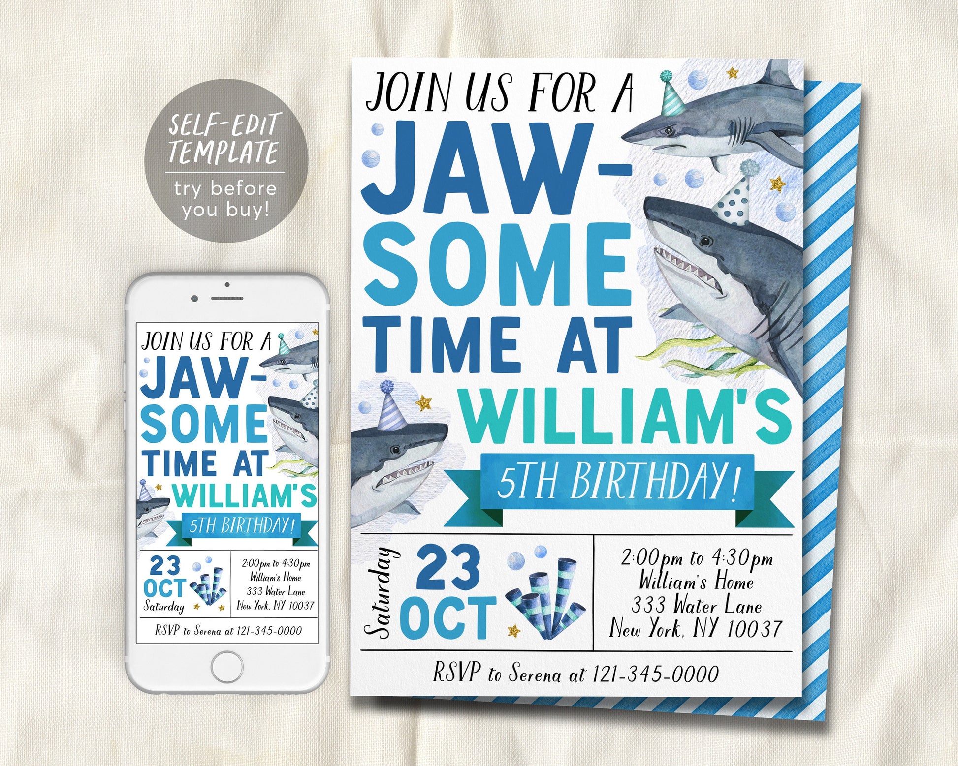 Shark Birthday Invitation Editable Template