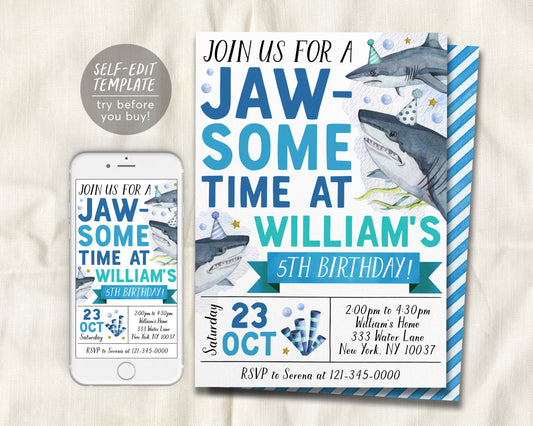 Shark Birthday Invitation Editable Template