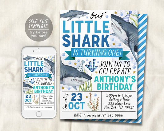 Little Shark First Birthday Invitation Editable Template