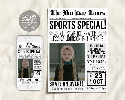 Ice Skating Birthday Invitation With Photo Editable Template