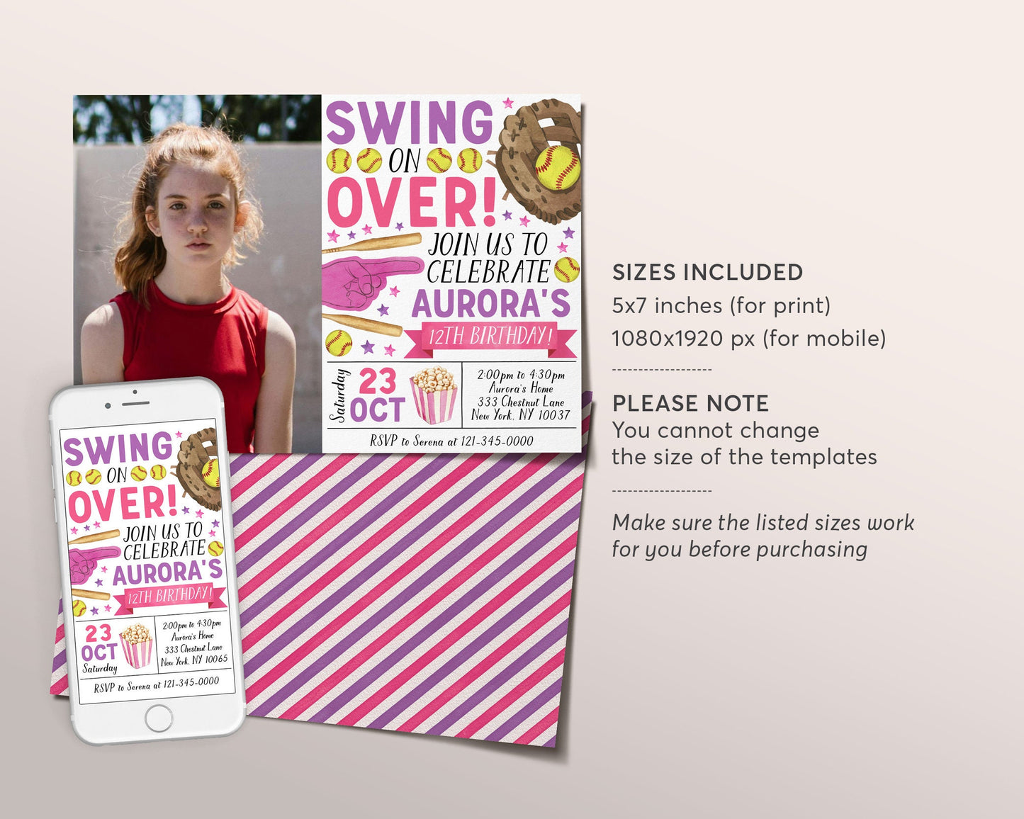 Softball Birthday Invitation With Photo Editable Template, Girl Swing On Over Invite, Kids Slugger Sports Theme Game Day All Stars Evite