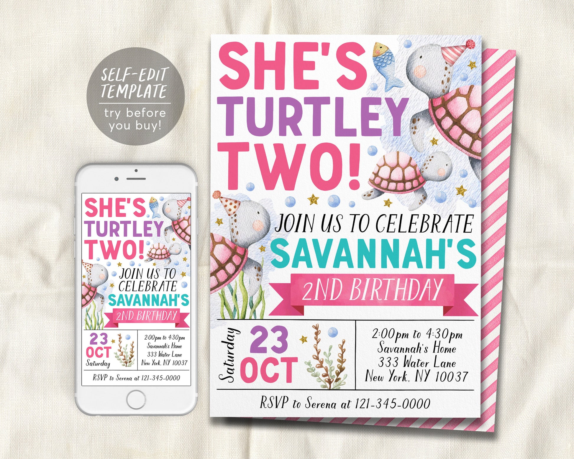 Turtle Second Birthday Invitation Editable Template