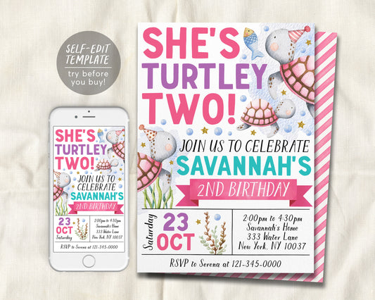 Turtle Second Birthday Invitation Editable Template