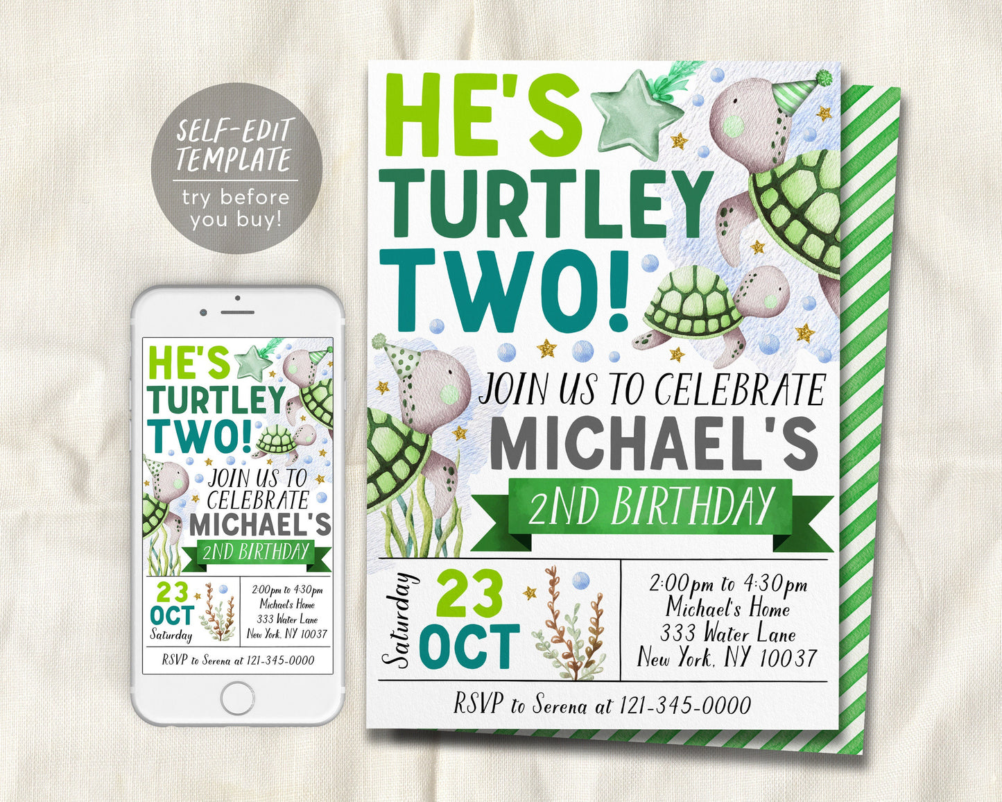 Turtle Second Birthday Invitation Editable Template