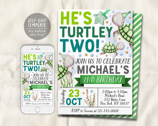 Turtle Second Birthday Invitation Editable Template