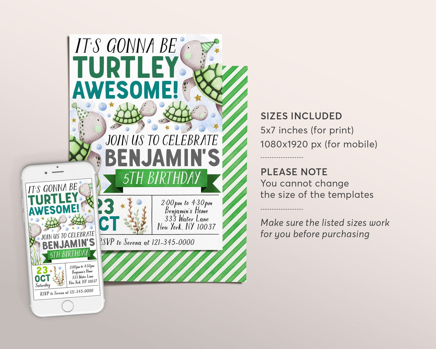 Turtle Birthday Invitation Editable Template, Turtley Awesome Birthday Party Invite, Under the Sea Turtle Theme Pool Party Ocean Evite