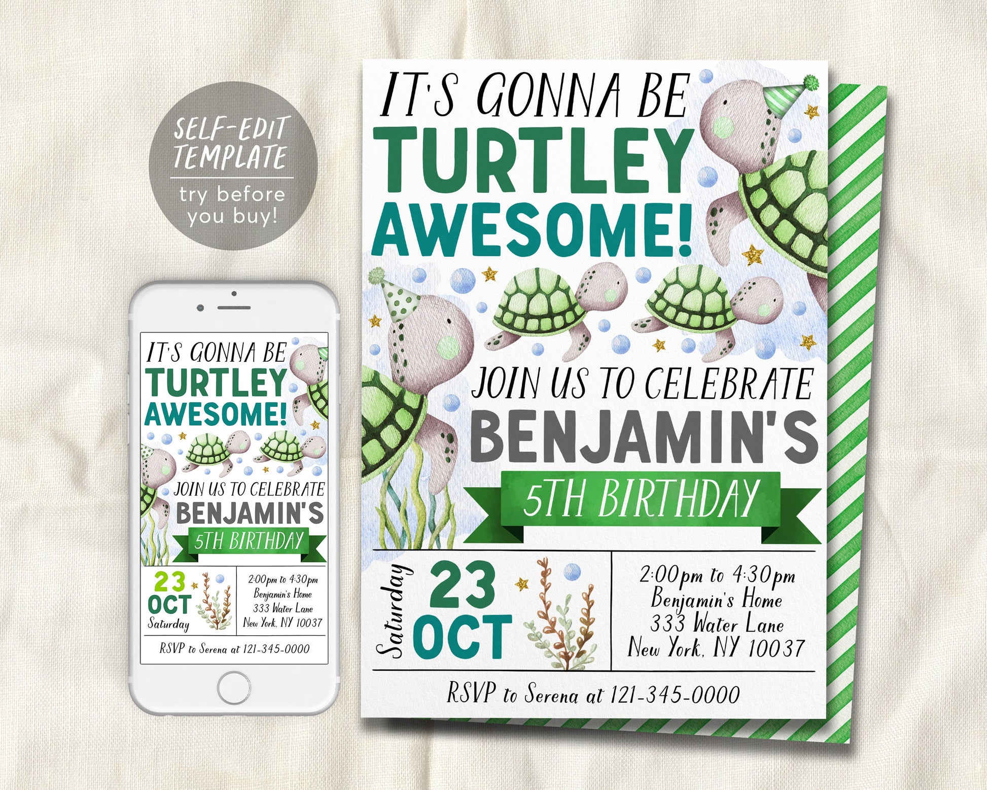 Turtle Birthday Invitation Editable Template