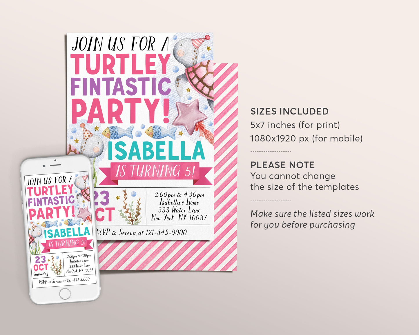 Turtley Fintastic Birthday Invitation Editable Template, Girl Sea Turtle Birthday Party Invite, Under the Sea Animal Pool Party Ocean Evite