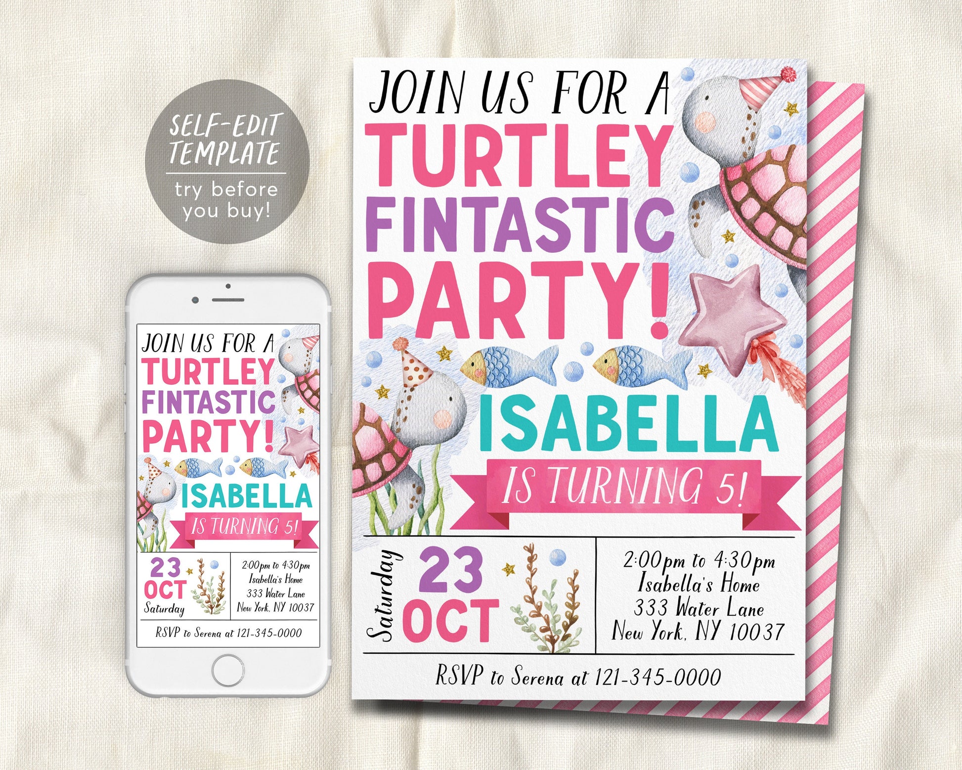 Turtle Turtley Fintastic Birthday Invitation Editable Template