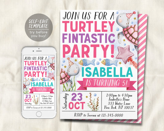 Turtle Turtley Fintastic Birthday Invitation Editable Template