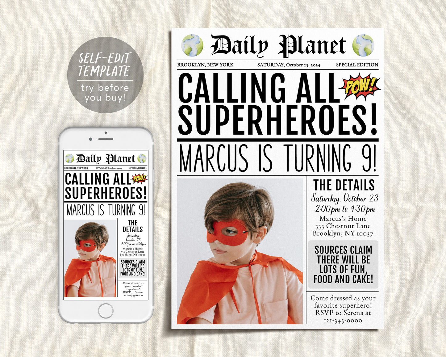 Superhero Newspaper Invitation With Photo Editable Template