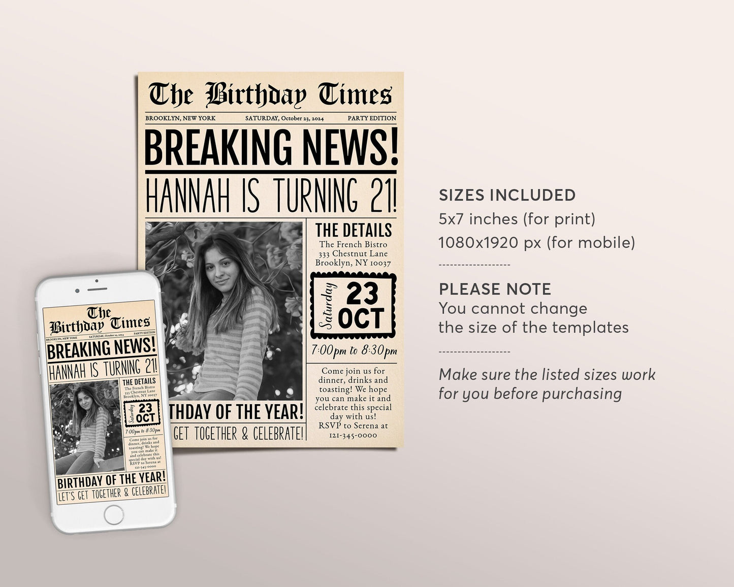 Birthday Newspaper Invitation With Photo Editable Template, Vintage Newspaper Theme 21st 18th ANY AGE Birthday Party Invite Evite Printable