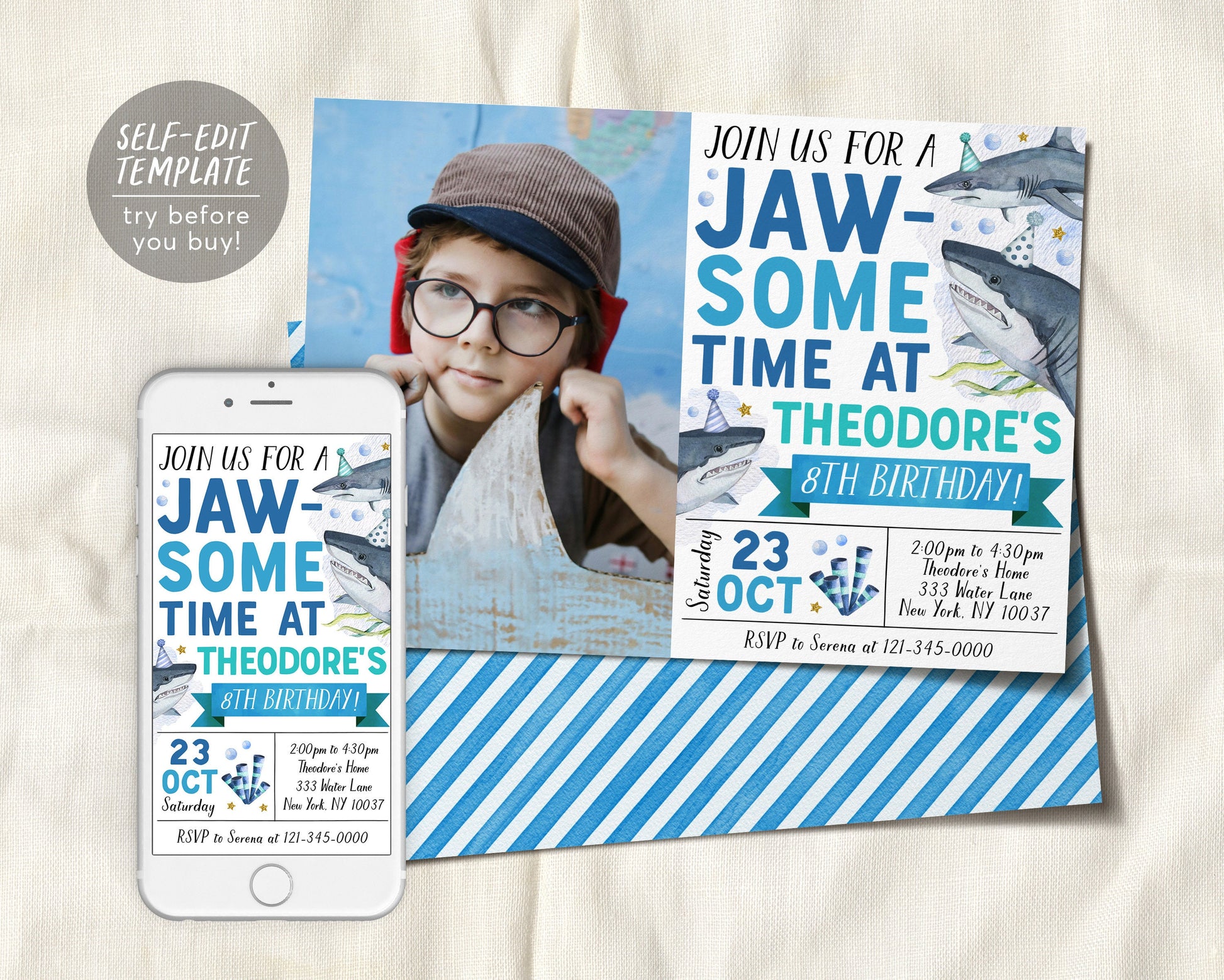 Shark Birthday Invitation With Photo Editable Template