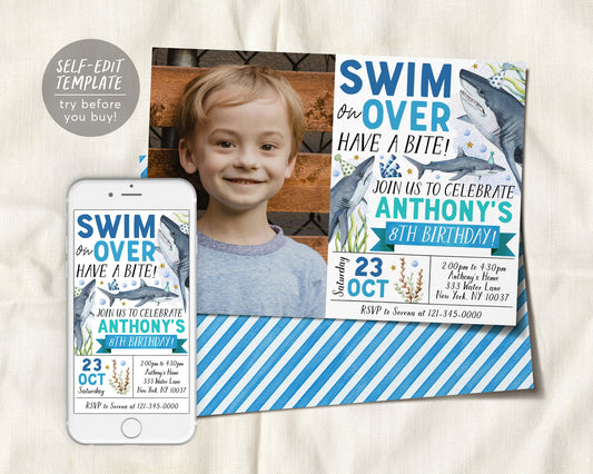 Shark Birthday Invitation With Photo Editable Template