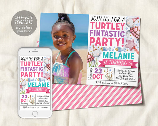 Turtley Fintastic Birthday Invitation With Photo Editable Template