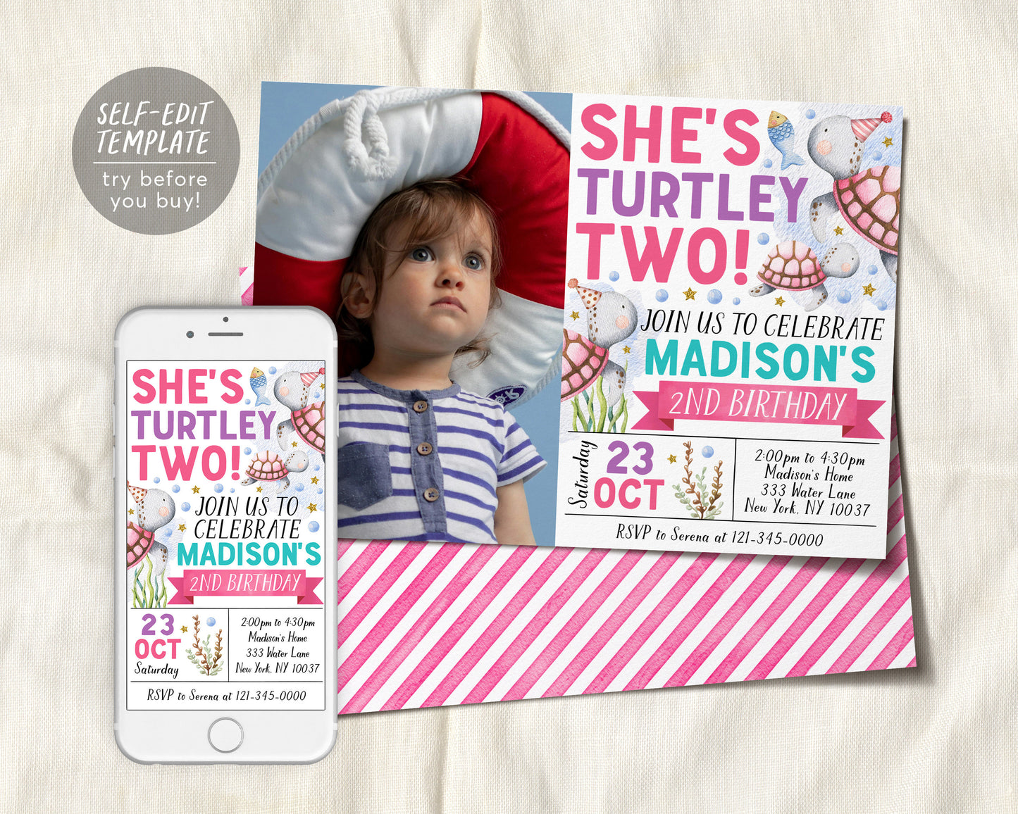 Turtle Second Birthday Invitation With Photo Editable Template