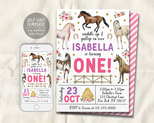 Horse First Birthday Invitation Editable Template